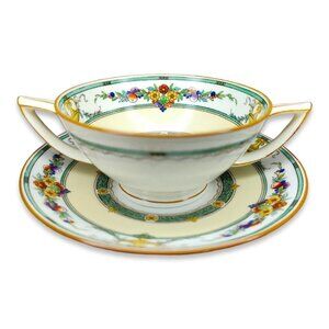 Mintons Helena Dark Green Footed Bouillon Cup And Saucer England Bone China